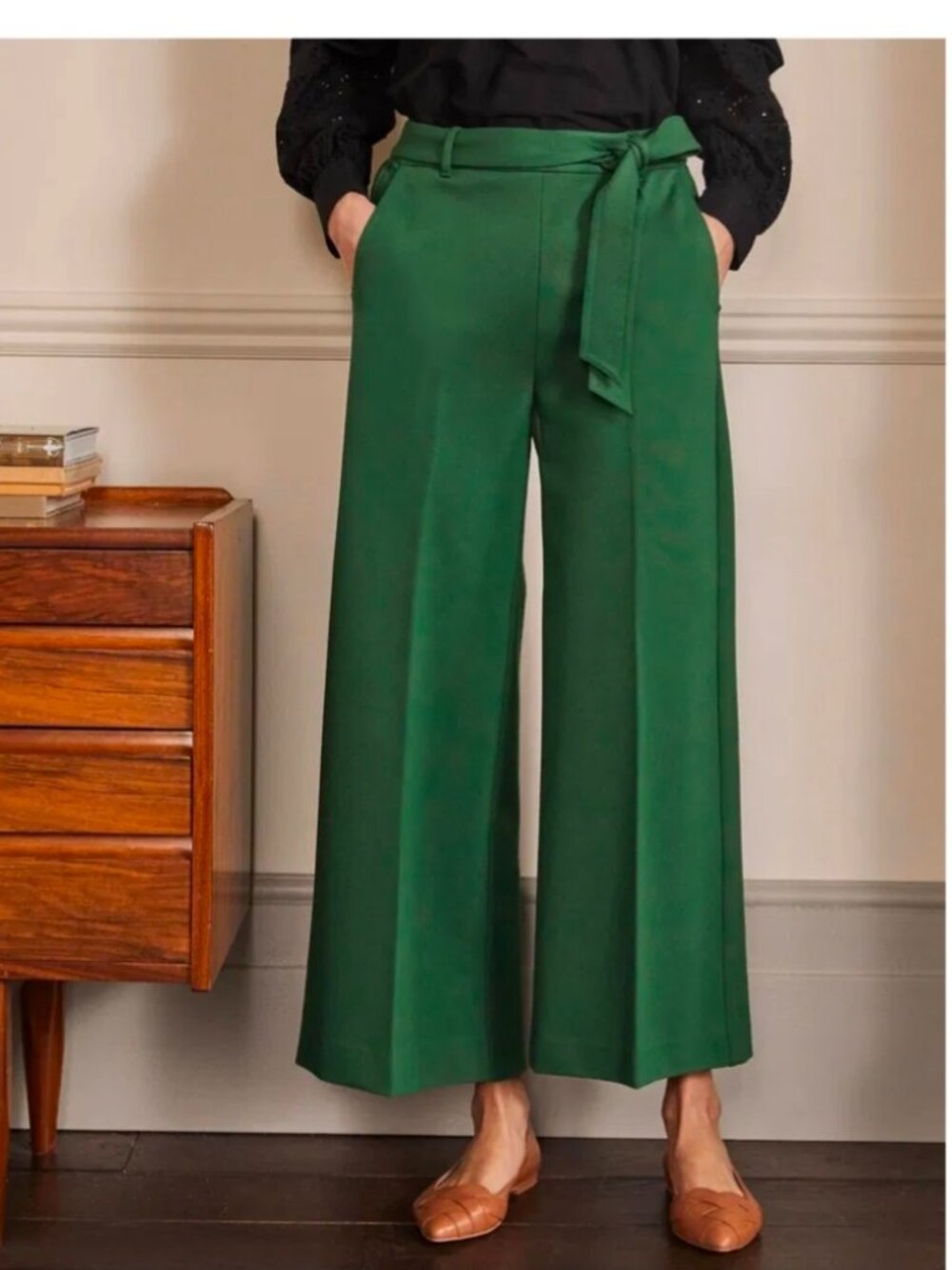 Boden Emerald Green Wide-Leg Cropped Trousers